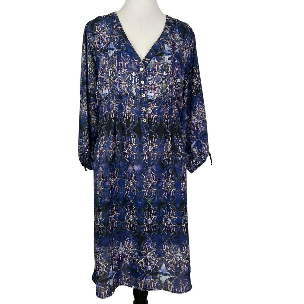 EVANS New Shift Shirt DRESS 22 24 Blue Print Boho Chic Office Moody Moment